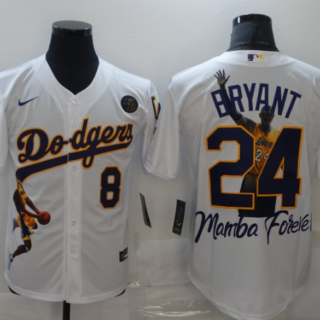 Men's Los Angeles Dodgers Front #8 Back #24 Kobe Bryant White With KB Patch Cool Base Stitched Jersey