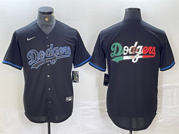 Men's Los Angeles Dodgers Team Big Logo Black Cool Base Stitched Baseball Jersey 1