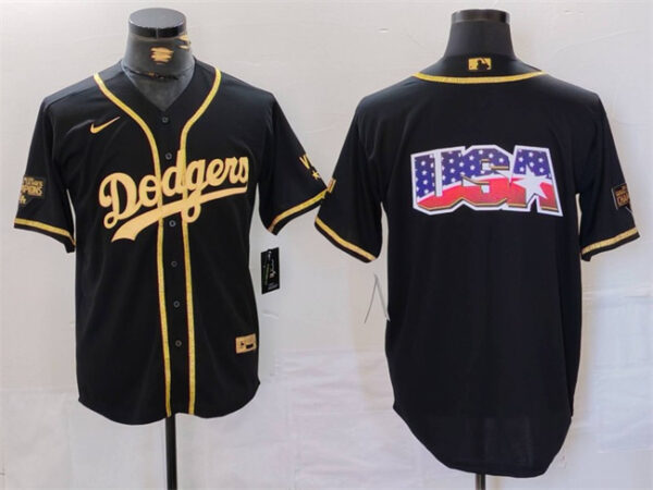 Men's Los Angeles Dodgers Team Big Logo Black Gold Cool Base With Patch Stitched Baseball Jerseys