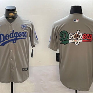 Men's Los Angeles Dodgers Team Big Logo Grey 2024 World Series With No. 34 Patch Limited Stitched Baseball Jersey