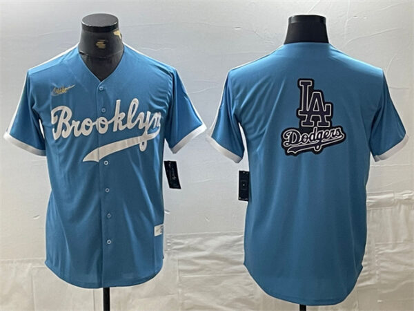 Men's Los Angeles Dodgers Team Big Logo Light Blue Throwback Cool Base Stitched Baseball Jerseys