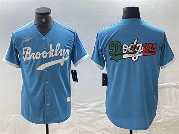 Men's Los Angeles Dodgers Team Big Logo Light Blue Throwback Cool Base Stitched Baseball Jerseys