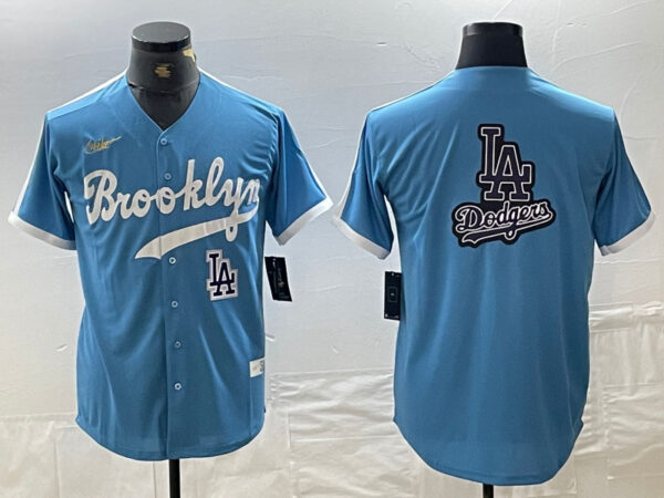 Men's Los Angeles Dodgers Team Big Logo Light Blue Throwback Cool Base Stitched Baseball Jerseys