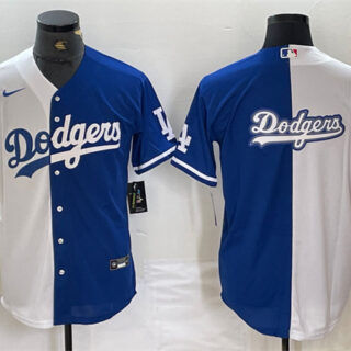 Men's Los Angeles Dodgers Team Big Logo White Blue Split Cool Base Stitched Baseball Jersey