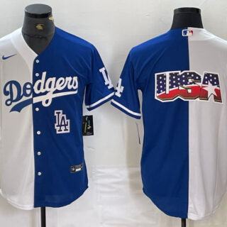 Men's Los Angeles Dodgers Team Big Logo White Blue Split Cool Base Stitched Baseball Jersey