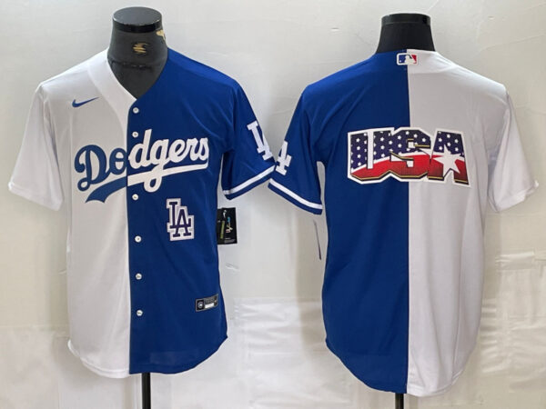 Men's Los Angeles Dodgers Team Big Logo White Blue Split Cool Base Stitched Baseball Jersey