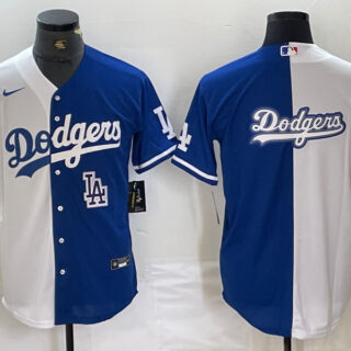 Men's Los Angeles Dodgers Team Big Logo White Blue Split Cool Base Stitched Baseball Jersey