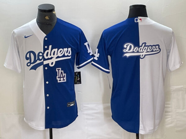 Men's Los Angeles Dodgers Team Big Logo White Blue Split Cool Base Stitched Baseball Jersey