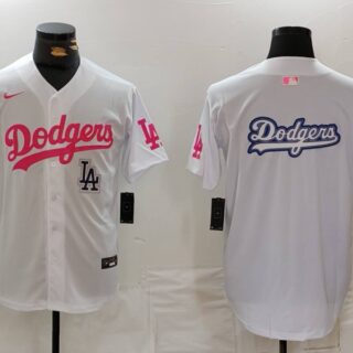 Men's Los Angeles Dodgers Team Big Logo White Pink Vin & Kobe Patch Stitched Baseball Jerseys