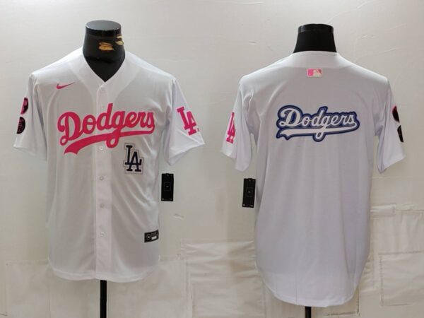 Men's Los Angeles Dodgers Team Big Logo White Pink Vin & Kobe Patch Stitched Baseball Jerseys