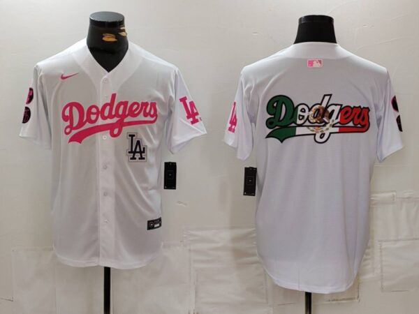 Men's Los Angeles Dodgers Team Big Logo White Pink Vin & Kobe Patch Stitched Baseball Jerseys