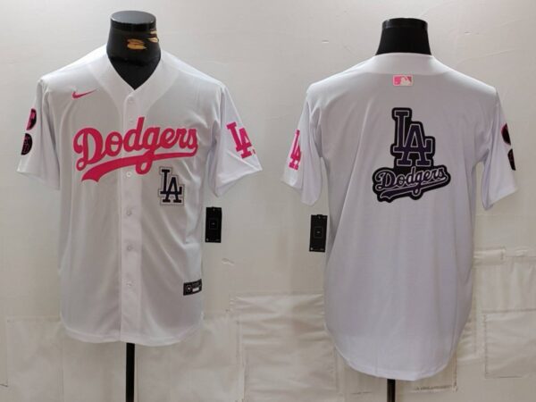 Men's Los Angeles Dodgers Team Big Logo White Pink Vin & Kobe Patch Stitched Baseball Jerseys