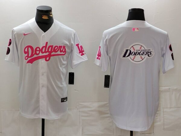 Men's Los Angeles Dodgers Team Big Logo White Pink Vin & Kobe Patch Stitched Baseball Jerseys
