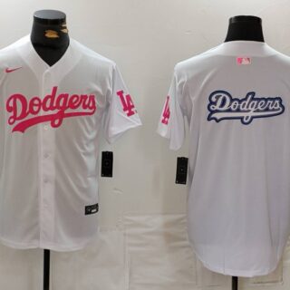 Men's Los Angeles Dodgers Team Big Logo White Pink Vin & Kobe Patch Stitched Baseball Jerseys