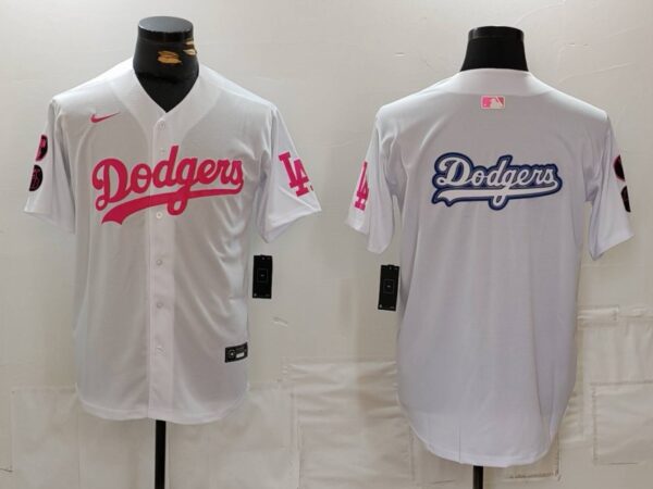 Men's Los Angeles Dodgers Team Big Logo White Pink Vin & Kobe Patch Stitched Baseball Jerseys
