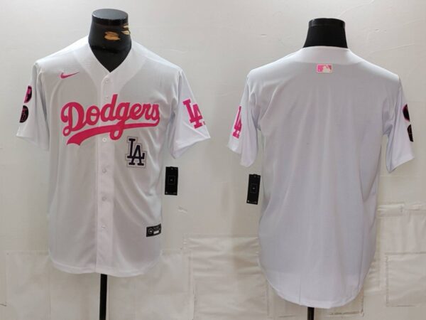 Men's Los Angeles Dodgers Team Big Logo White Pink Vin & Kobe Patch Stitched Baseball Jerseys