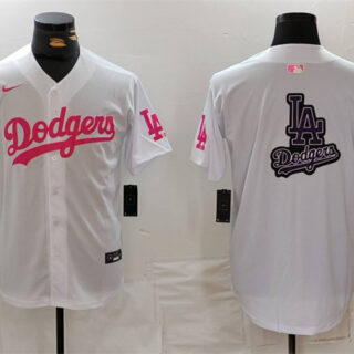 Men's Los Angeles Dodgers Team Big Logo White Pink Vin & Kobe Patch Stitched Baseball Jerseys