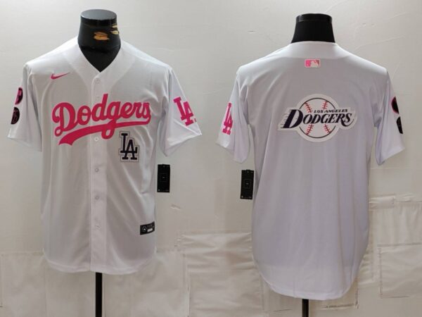 Men's Los Angeles Dodgers Team Big Logo White Pink Vin & Kobe Patch Stitched Baseball Jersey
