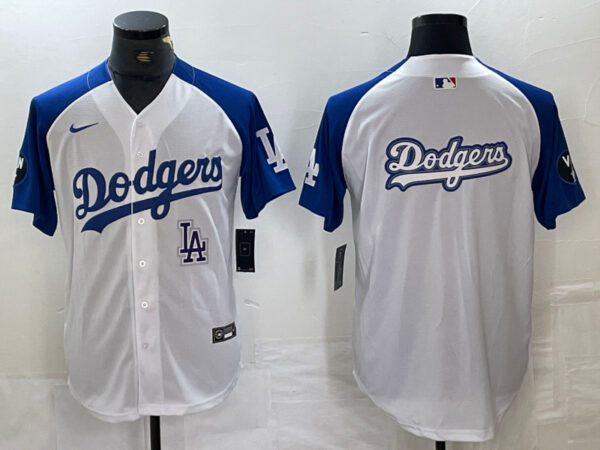 Men's Los Angeles Dodgers big logo White Blue Vin Patch Cool Base Stitched Baseball Jersey