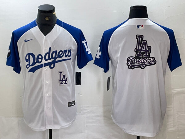 Men's Los Angeles Dodgers big logo White Blue Vin Patch Cool Base Stitched Baseball Jersey