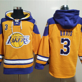 Men's Los Angeles Lakers #3 Anthony Davis Yellow Lace-Up Pullover Hoodie