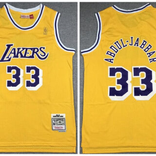 Men's Los Angeles Lakers #33 Kareem Abdul-Jabbar Yellow Hardwood Classics Throwback Stitched Jersey