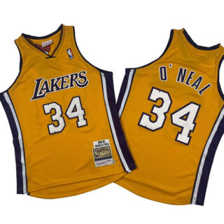 Men's Los Angeles Lakers #34 Shaquille O'Neal Yellow 1999-00 Throwback Basketball Jersey