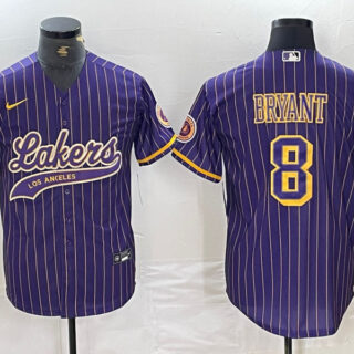 Men's Los Angeles Lakers #8 Kobe Bryant Purple Pinstripe Cool Base Stitched Baseball Jersey 2