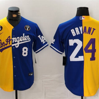 Men's Los Angeles Lakers & Dodgers Front #8 Back #24 Kobe Bryant Gold Blue Split With Patch Stitched Jersey
