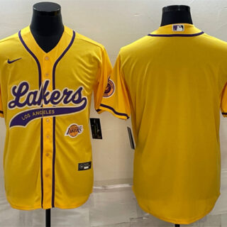 Men's Los Angeles Lakers Blank Yellow With Patch Cool Base Stitched Baseball Jersey