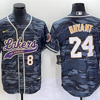 Men's Los Angeles Lakers Front #8 Back #24 Kobe Bryant Gray Camo Cool Base With Patch Stitched Baseball Jersey