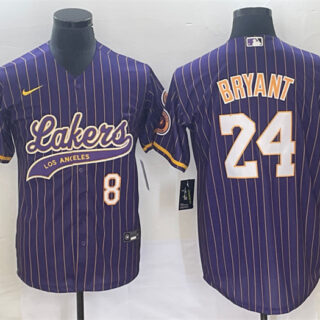 Men's Los Angeles Lakers Front #8 Back #24 Kobe Bryant Purple Cool Base With Patch Stitched Baseball Jersey
