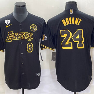 Men's Los Angeles Lakers Front #8 Back #24 Kobe Bryant With NO.2 And KB Patch Black Cool Base Stitched Baseball Jersey
