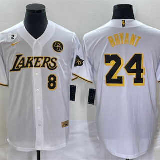 Men's Los Angeles Lakers Front #8 Back #24 Kobe Bryant With NO.2 And KB Patch White Cool Base Stitched Baseball Jersey