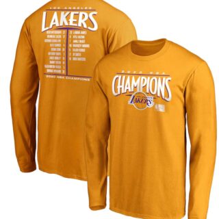 Men's Los Angeles Lakers Gold 2020 NBA Finals Champions Streaking Dunk Roster Long Sleeve T-Shirt