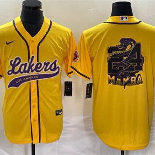 Men's Los Angeles Lakers Gold #24 Mamba Big Logo Cool Base Stitched Baseball Jersey