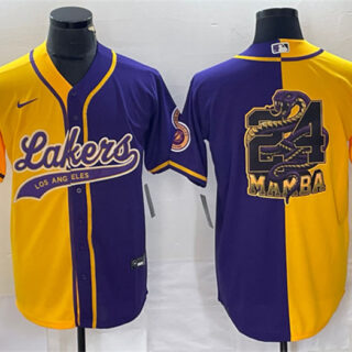 Men's Los Angeles Lakers Gold Purple Split #24 Mamba Big Logo Cool Base Stitched Baseball Jersey