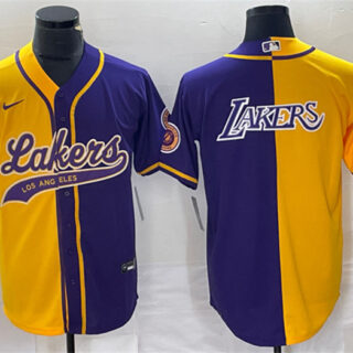 Men's Los Angeles Lakers Gold Purple Split Team Big Logo Cool Base Stitched Baseball Jersey 1