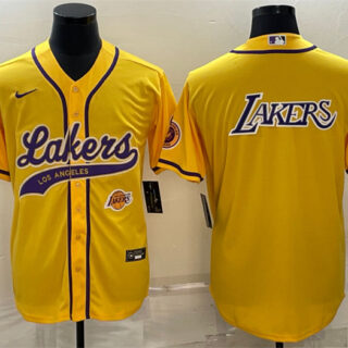 Men's Los Angeles Lakers Yellow Big Logo With Patch Cool Base Stitched Baseball JerseyS