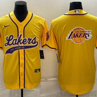 Men's Los Angeles Lakers Yellow Team Big Logo Cool Base Stitched Baseball Jersey