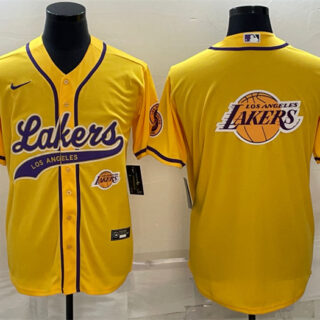 Men's Los Angeles Lakers Yellow Team Big Logo With Patch Cool Base Stitched Baseball Jersey