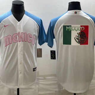 Men's Mexico Baseball 2023 White Blue World Baseball Big Logo Classic Stitched Jersey