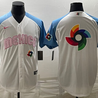 Men's Mexico Baseball 2023 White Blue World Baseball Big Logo With Patch Classic Stitched Jersey