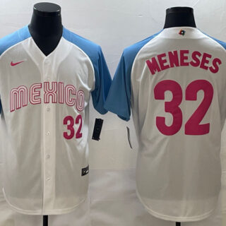 Men's Mexico Baseball #32 Joey Meneses 2023 White Blue World Baseball Classic Stitched Jersey