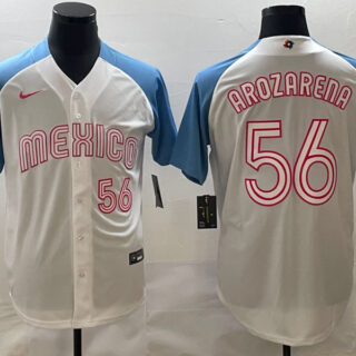 Men's Mexico Baseball #56 Randy Arozarena 2023 White Blue World Baseball Classic Stitched Jersey