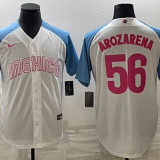 Men's Mexico Baseball #56 Randy Arozarena 2023 White Blue World Baseball Classic Stitched JerseyS 2