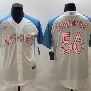 Men's Mexico Baseball #56 Randy Arozarena 2023 White Blue World Baseball Classic Stitched JerseyS