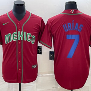 Men's Mexico Baseball #7 Julio Urías 2023 Red Blue World Baseball Classic Replica Stitched Jersey