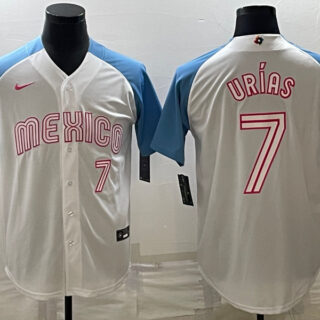 Men's Mexico Baseball #7 Julio Urías 2023 White Blue World Baseball Classic Stitched JerseyS