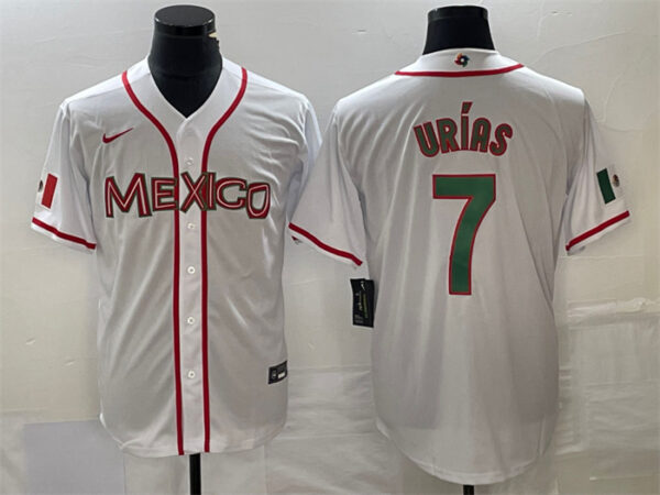 Men's Mexico Baseball #7 Julio Urías 2023 White World Baseball With Patch Classic Stitched Jerseys